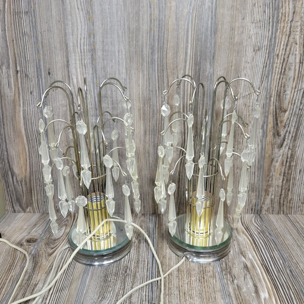 2 Vintage Hollywood Regency Waterfall Table Boudoir Lamps Plastic Prism 1 Mssg